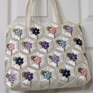 Vintage Handwoven Floral Tote Bag Floral Hexagon Design